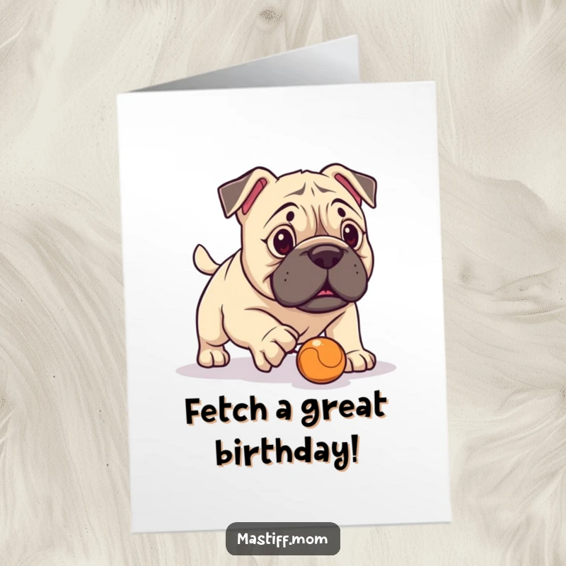 Funny Free Printable Birthday Card: Kawaii Mastiff hilariously tries to fetch a tiny ball, clumsy and lovable.