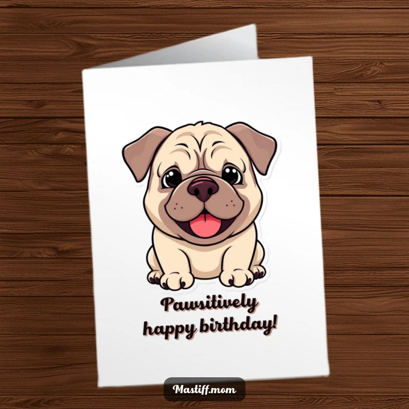 Funny Free Printable Birthday Card: Kawaii Mastiff panting happily with a droopy smile, radiating pure joy.