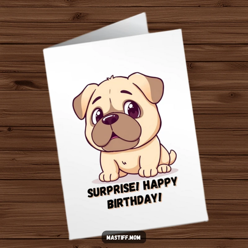 Funny Free Printable Birthday Card: Kawaii Mastiff with a surprised expression, looking at its own reflection, comical discovery.