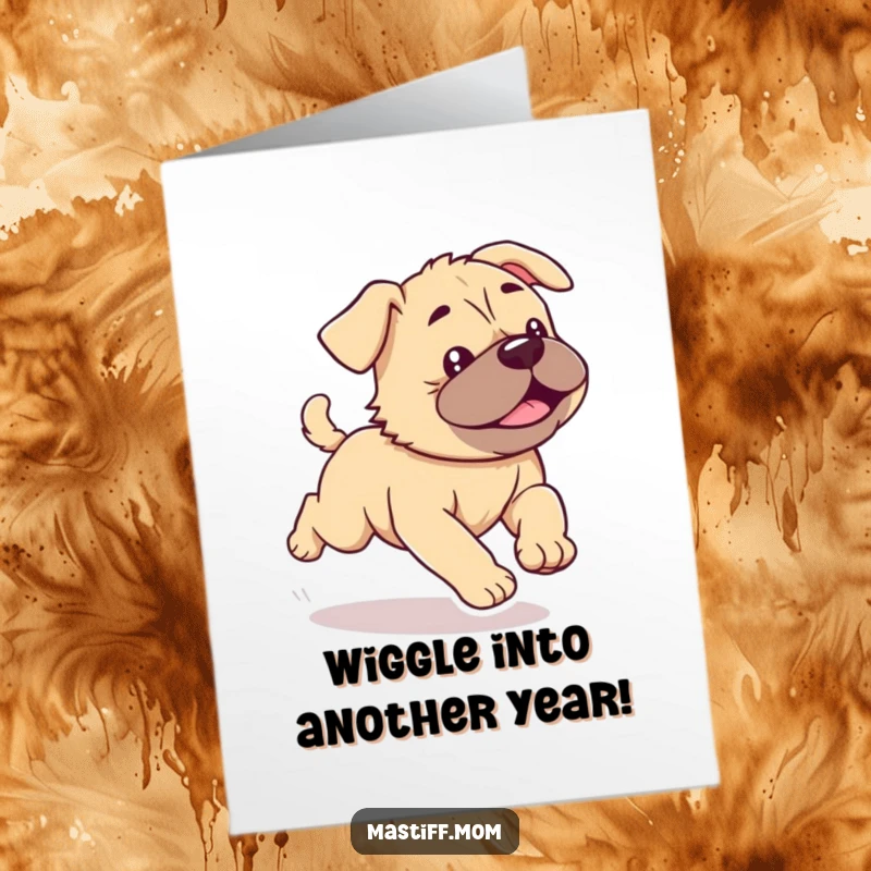 Funny Free Printable Birthday Card: Kawaii Mastiff Puppy Running with Joyful Wiggles, Energetic and Happy