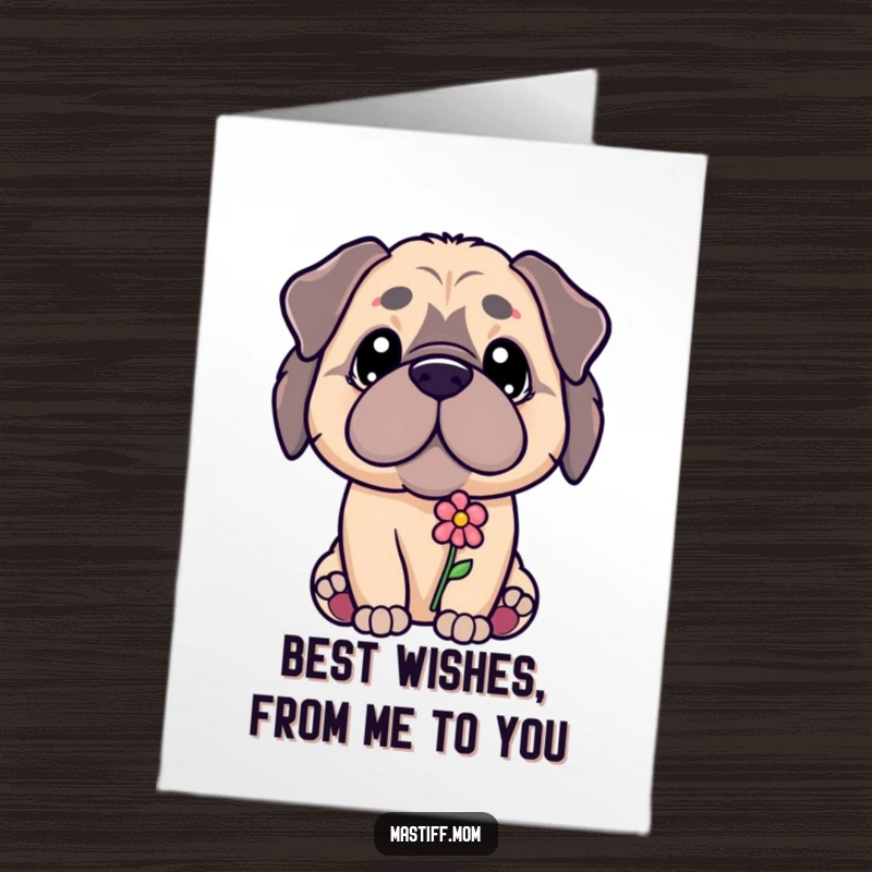 Funny Free Printable Congrats Card: Kawaii Mastiff with a gentle gaze offering a tiny flower for a heartfelt congratulations.