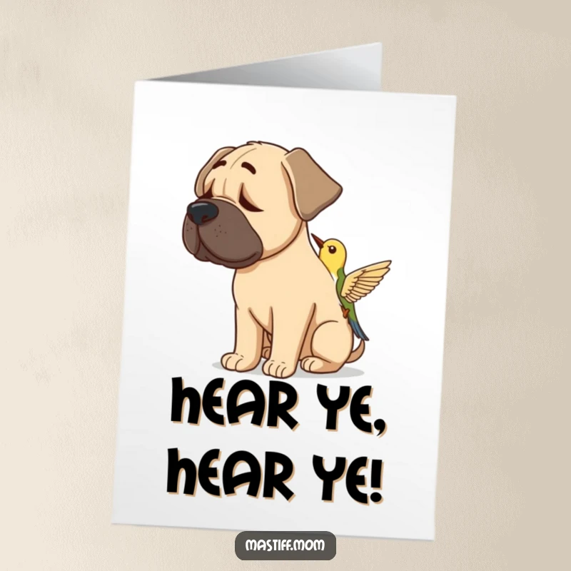 Funny Free Printable Congrats Card: A Mastiff with tilted head listens intently to a tiny bird, sharing in the good news.