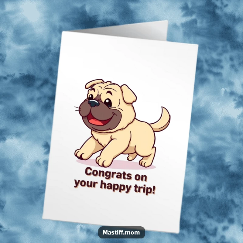 Free Printable Congrats Card: A kawaii mastiff executes a clumsy, joyful stumble with its tail wagging in pure delight.