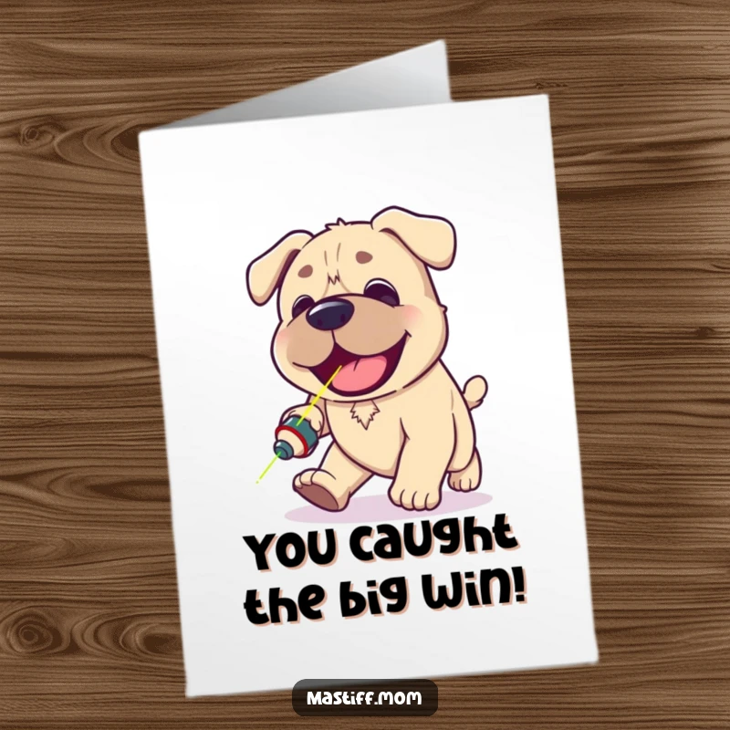 Free Printable Congrats Card: A funny kawaii mastiff with a happy pant is completely engrossed in chasing a bright laser pointer.