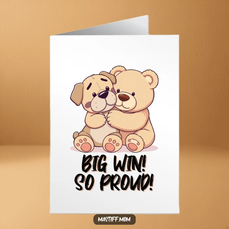 Funny Free Printable Congratulations Card: A Mastiff tenderly nudging a very large teddy bear. Sweet canine and plush toy art.