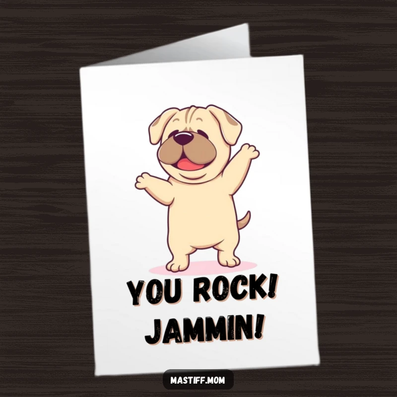 Funny Free Printable Kawaii Mastiff Congrats Card: Mastiff doing a slow, happy dance with droopy ears, celebrating your amazing win with glee.