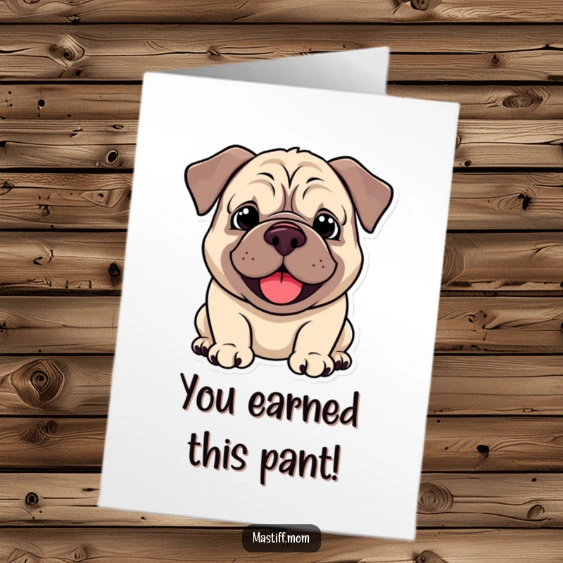 Funny Free Printable Congratulations Card: Kawaii Mastiff panting happily with a droopy smile, conveying genuine happiness.