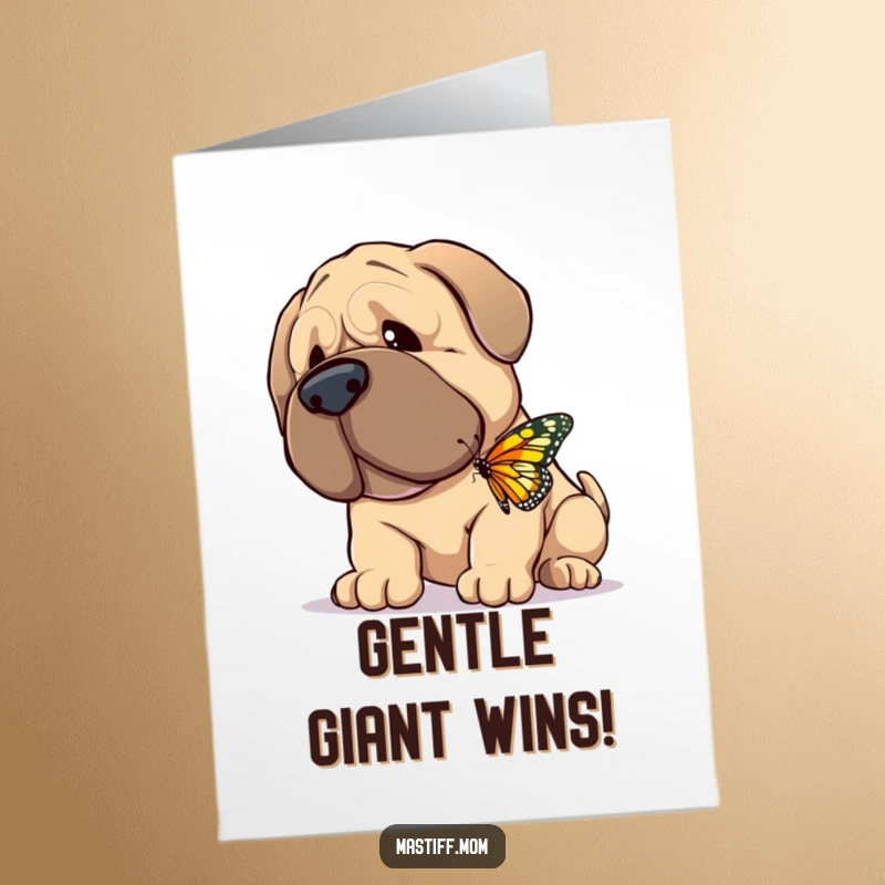 Funny Free Printable Congratulations Card: A giant, gentle Mastiff happily nuzzling a small, fluttering butterfly.