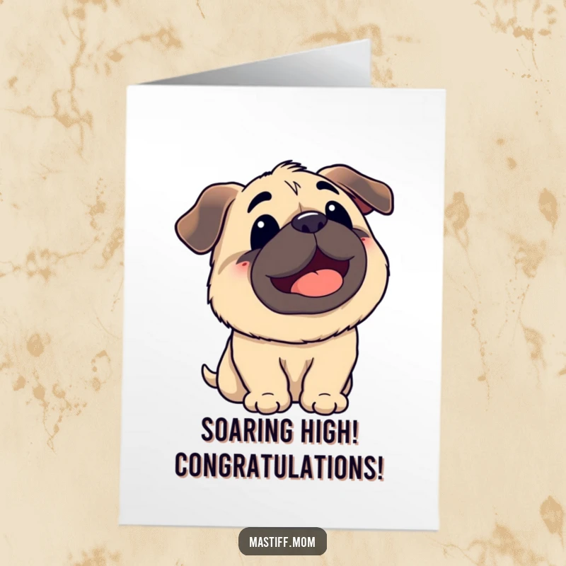 Free Printable Congratulations Card: Joyful Kawaii mastiff with its tongue out, looking up at the sky with a huge smile.