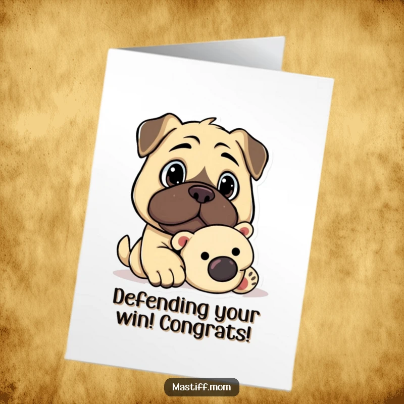 Free Printable Congratulations Card: A vigilant Kawaii mastiff with a serious expression, guarding a beloved plush toy with loyalty.