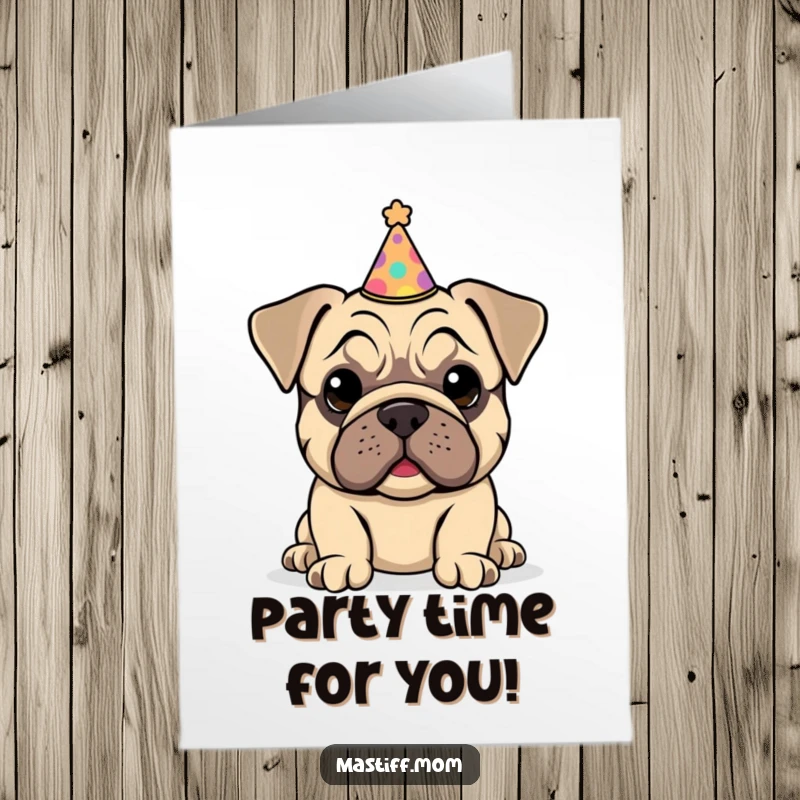 Funny Free Printable Congrats Card: A kawaii mastiff puppy proudly wearing a tiny, slightly askew party hat, celebrating success.