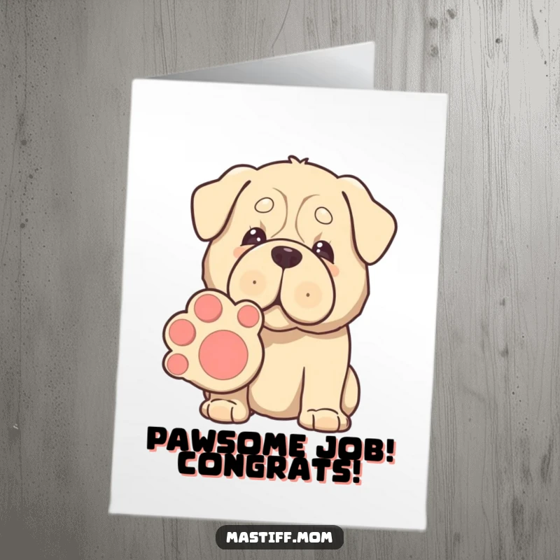 Funny free printable congratulations card: A large, kawaii Mastiff with kind eyes extends its massive paw for a welcoming shake.
