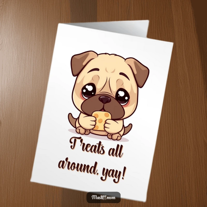 Funny Free Printable Kawaii Mastiff Congrats Card: Mastiff with large, pleading eyes, holding one treat, begging to celebrate your success.