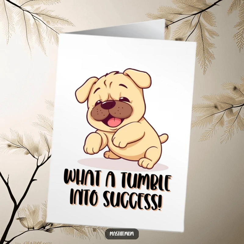 Funny Free Printable Congrats Card: A super cute kawaii mastiff puppy caught in a happy, clumsy tumbling motion.