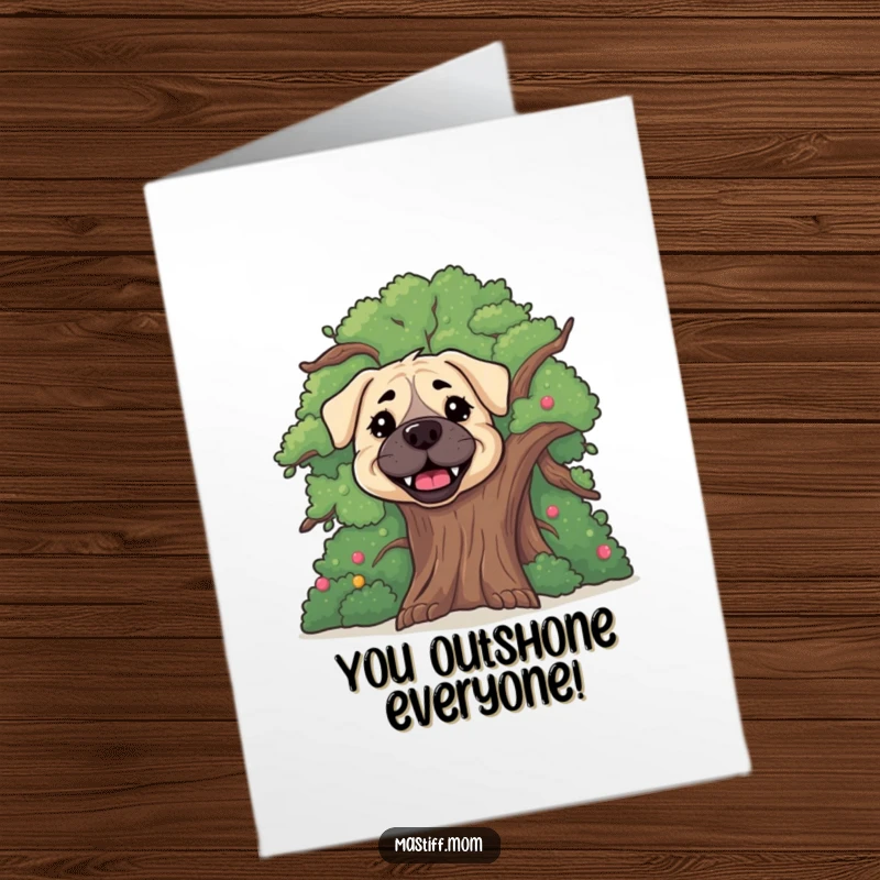Funny Free Printable Congratulations Card: Happy Mastiff peeking from behind a cheerful tree, celebrating big news.