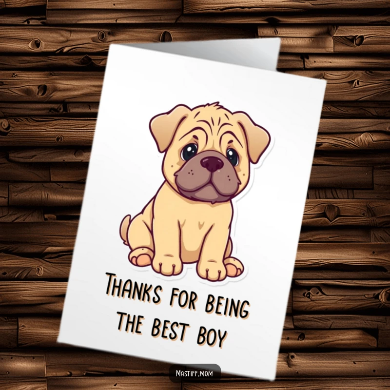 Funny free printable thank you card with a kawaii mastiff puppy sitting and gently wagging, expressing sincere appreciation.