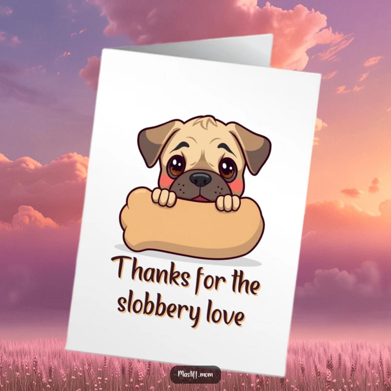 Funny free printable thank you card: Adorable kawaii mastiff puppy peeking from behind a huge chew toy, saying thanks with puppy eyes.