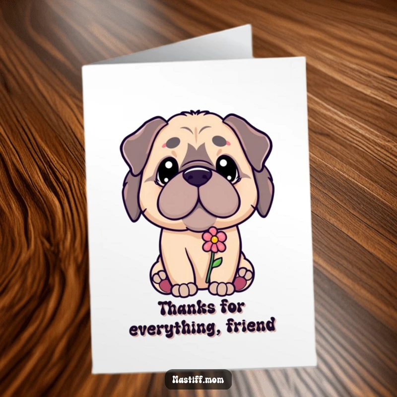 Funny Free Printable Thank You Card: Kawaii Mastiff with a gentle gaze offering a tiny flower, expressing sincere thanks.