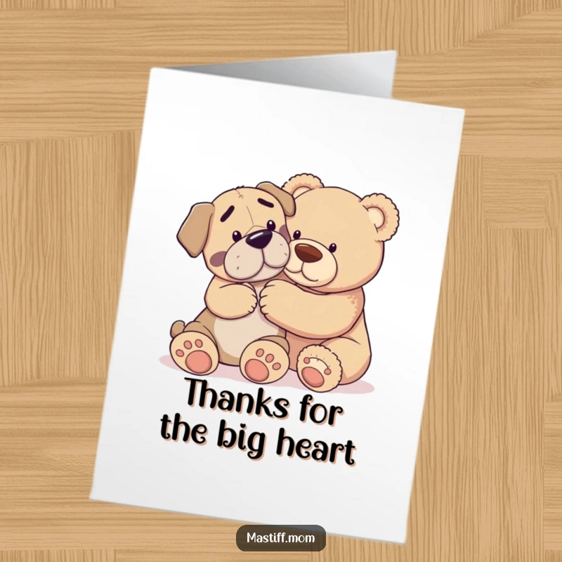 Funny Free Printable Thank You Card: A Mastiff playfully nudging a massive teddy bear, showing gentle affection. Cute dog and toy illustration.