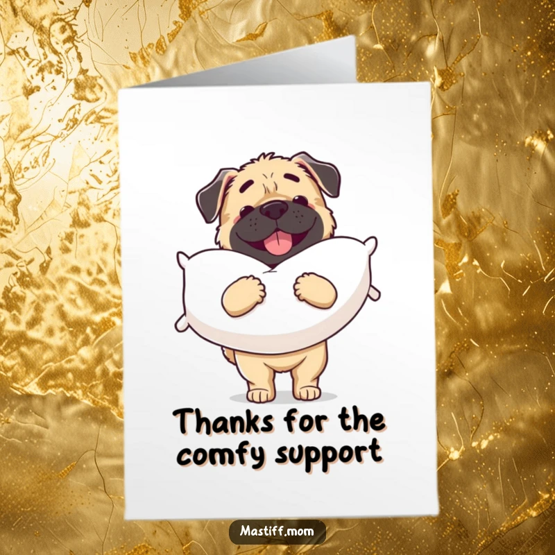 Funny free printable thank you card: A happy Mastiff gently holds a soft pillow, symbolizing a warm and fuzzy thanks.