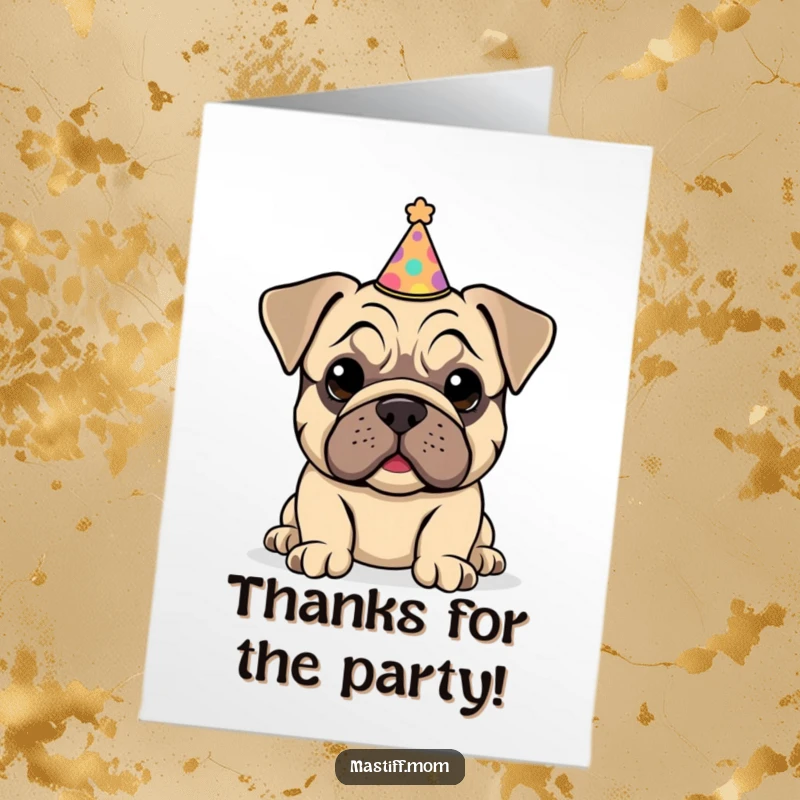 Funny Free Printable Thank You Card: A kawaii mastiff puppy looking charming in a slightly crooked party hat, offering thanks.
