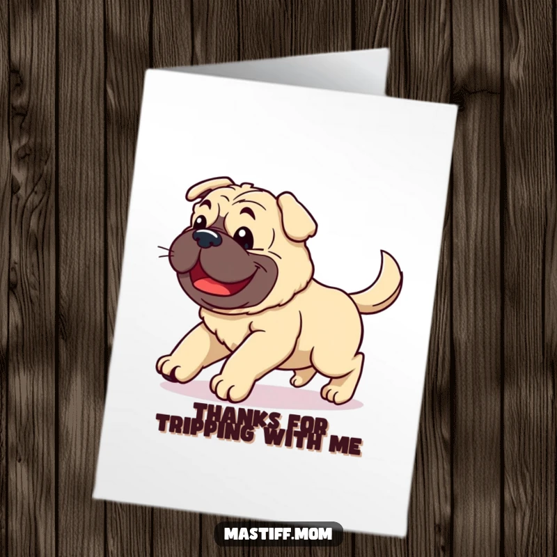Free Printable Thank You Card: A kawaii mastiff is captured mid-clumsy, joyful stumble with its tail wagging happily.