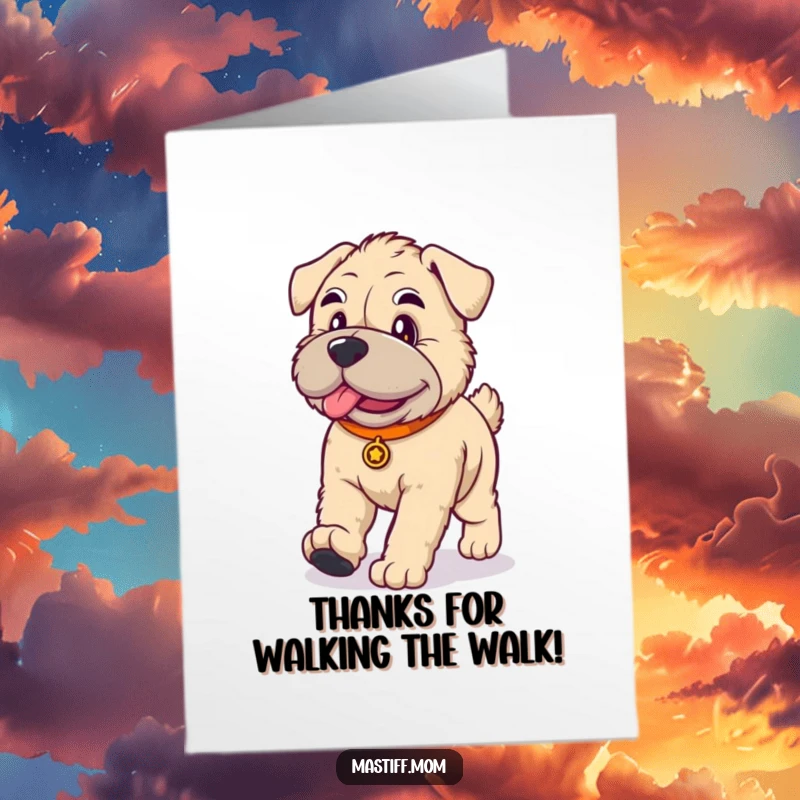 Funny Free Printable Thank You Card: Kawaii Mastiff doing a funny, dignified walk, showing polite thanks.