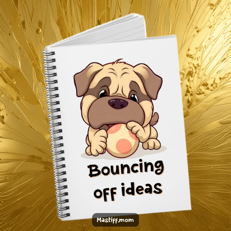 Funny large Mastiff character notebook cover with a dog playfully nudging a bouncy ball, perfect for capturing thoughts.