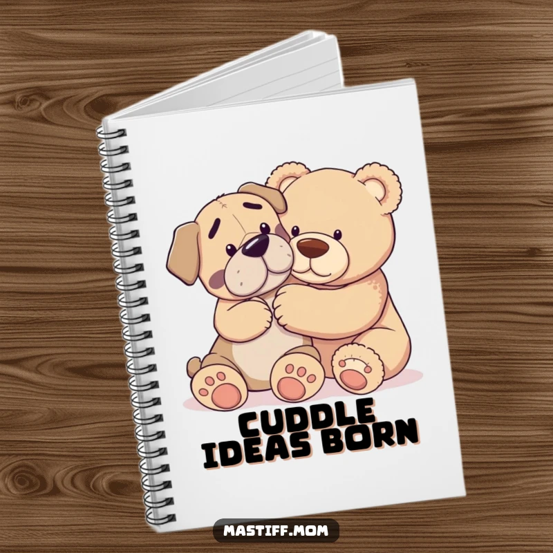 Funny notebook cover depicting a Mastiff dog gently nudging a giant teddy bear, ideal for journaling sweet thoughts and gentle ideas.