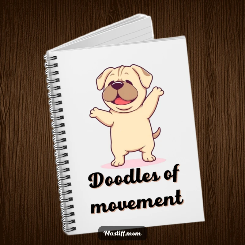 Funny Mastiff Dance Notebook, with a kawaii mastiff dancing happily with droopy ears on the cover, ideal for writing and planning.