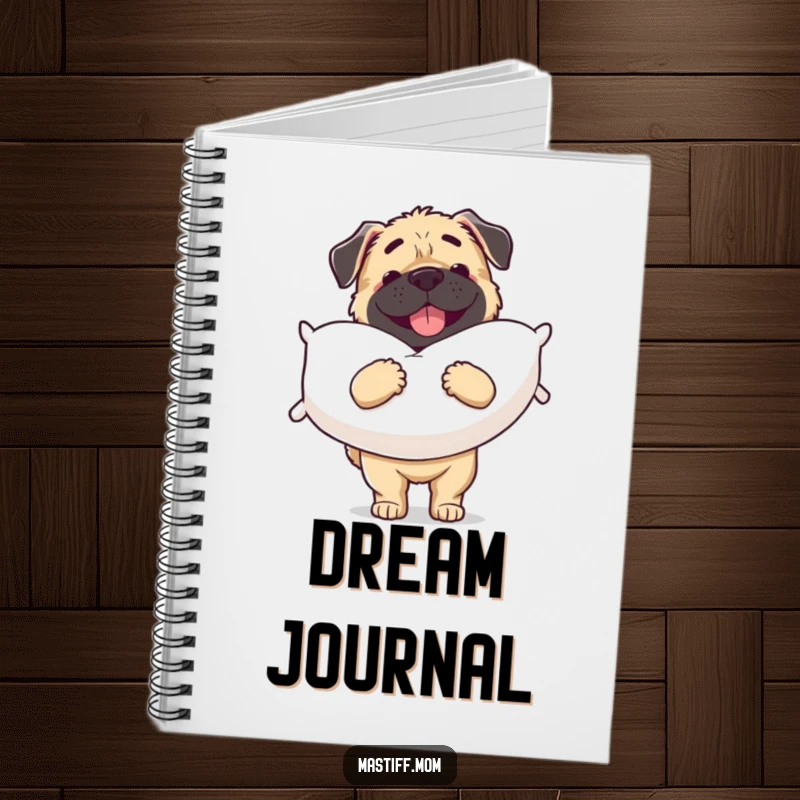 Funny Mastiff notebook with a happy dog illustration carrying a large, soft pillow, ready for writing.