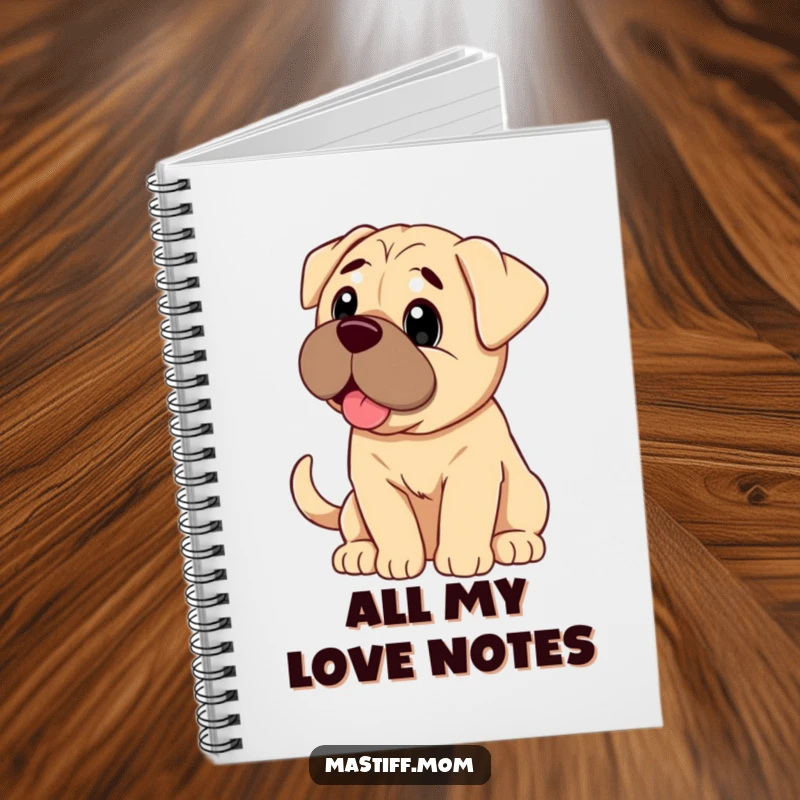 Funny Mastiff dog looking with pure adoration and a wagging tail, on a notebook for writing.