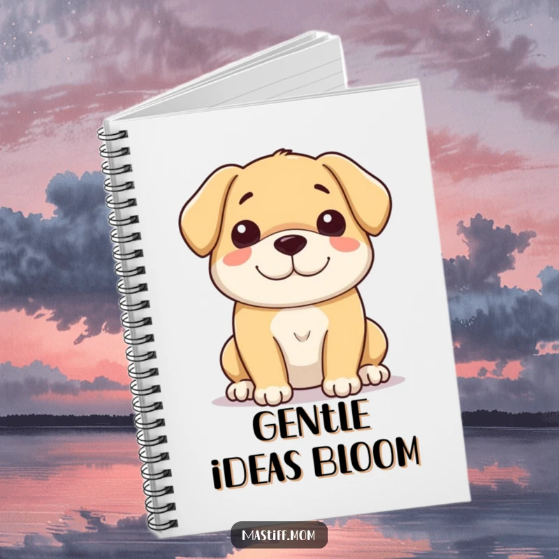 Funny notebook cover depicting a large, gentle dog with a soft, serene, and heartwarming smile, ideal for journaling kind thoughts.