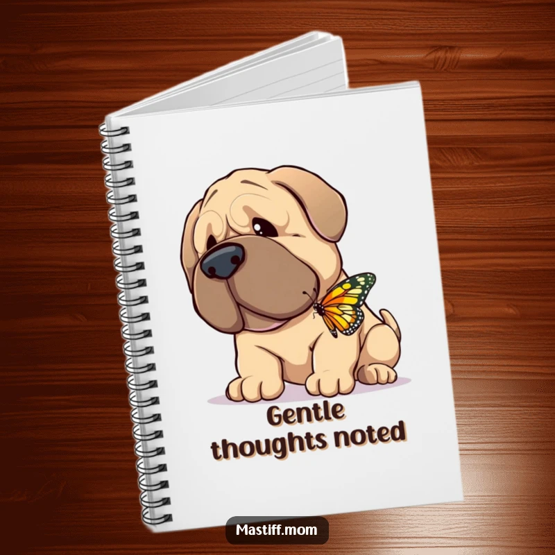 Funny Notebook with a giant, gentle Mastiff happily nuzzling a tiny, fluttering butterfly, ready to capture tender thoughts.