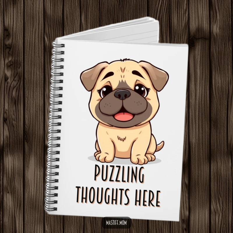 Funny kawaii Mastiff notebook cover with a dog showcasing a slightly bewildered but happy expression, perfect for capturing thoughts.