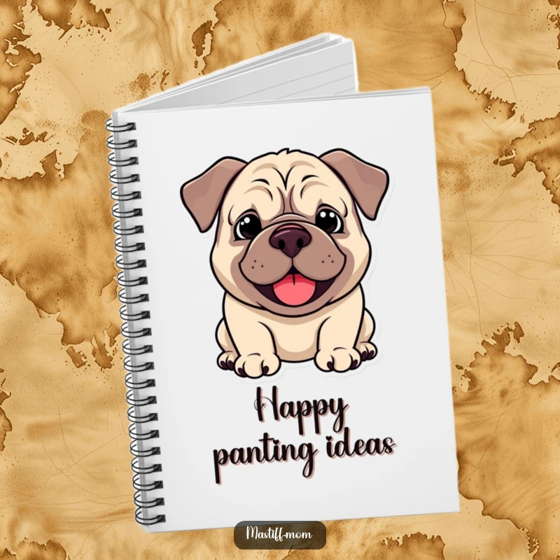 Funny Kawaii Mastiff Notebook, perfect for jotting notes, shows a Mastiff with a happy droopy smile and pant. Humorous and functional stationery.