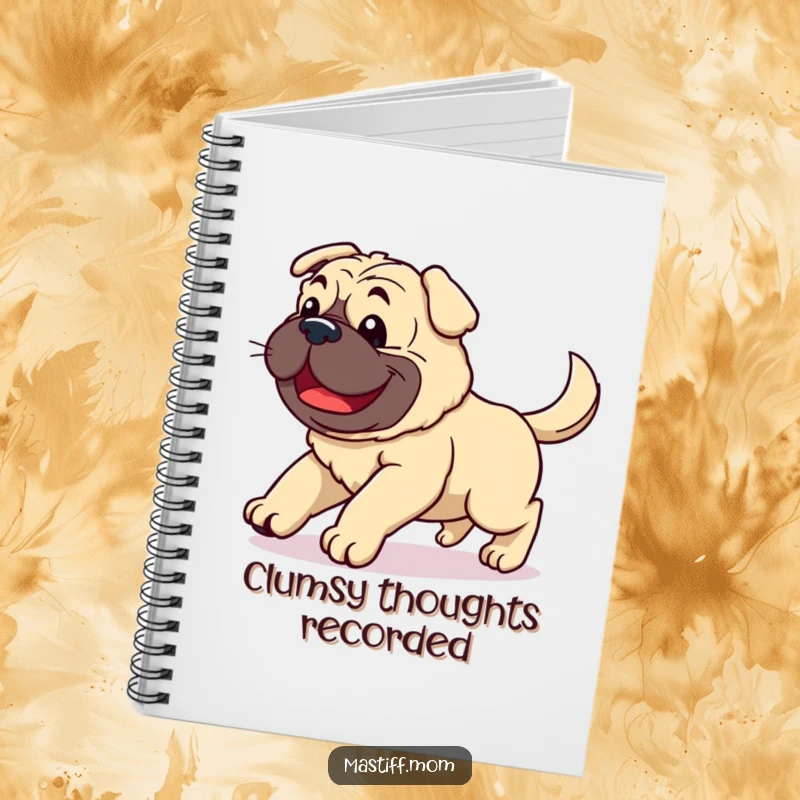 Funny Kawaii Mastiff notebook featuring a clumsy joyful dog stumbling with a wagging tail, ideal for note-taking and journaling.