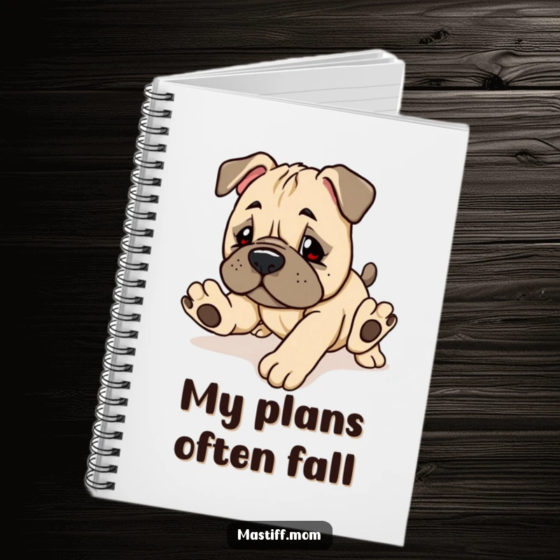 Funny Kawaii Mastiff Puppy Notebook with a cute, clumsy dog tripping, perfect for writing and notes.