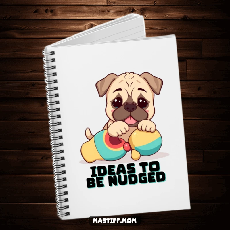 Funny Kawaii Mastiff Puppy Notebook with a cute dog playfully nudging a toy, perfect for writing.