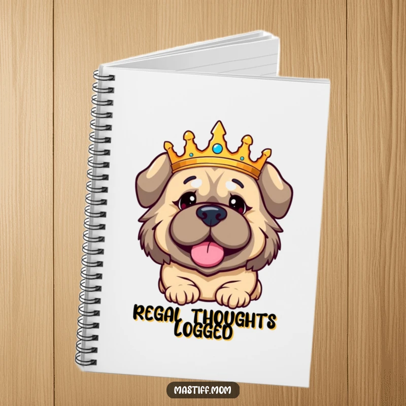 Funny Kawaii Mastiff notebook, featuring a crowned dog with a regally amused expression, perfect for capturing regal thoughts.