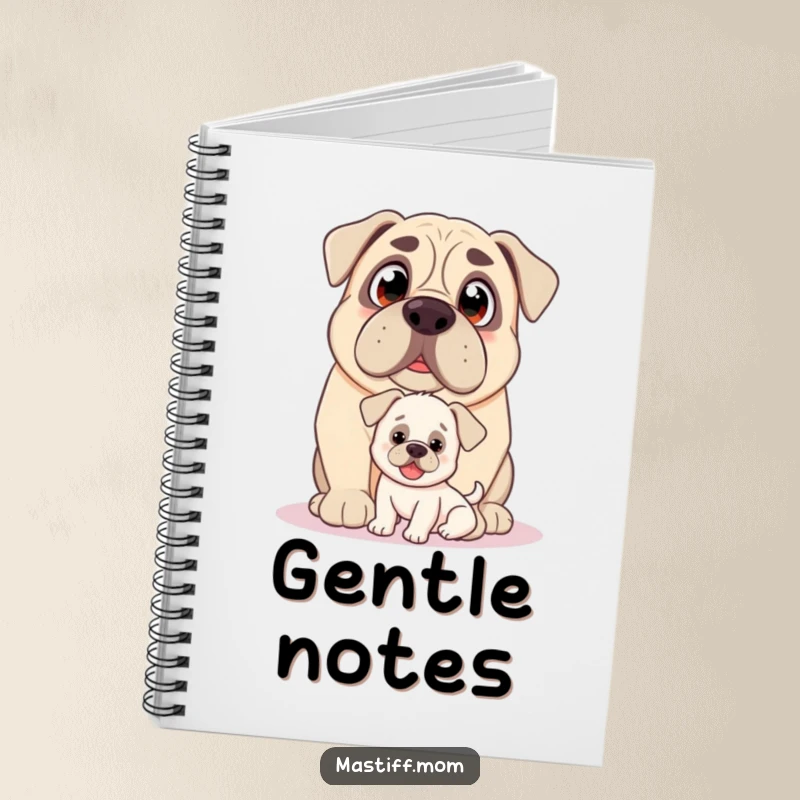 Funny Kawaii Mastiff notebook, with loving eyes, nudging a small, happy puppy, ideal for journaling.