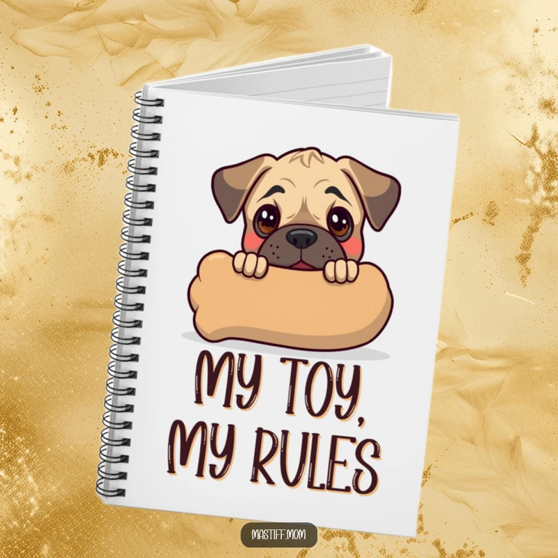Funny Kawaii Mastiff Puppy Notebook showing a cute dog peeking from behind a giant chew toy, perfect for jotting down funny thoughts.