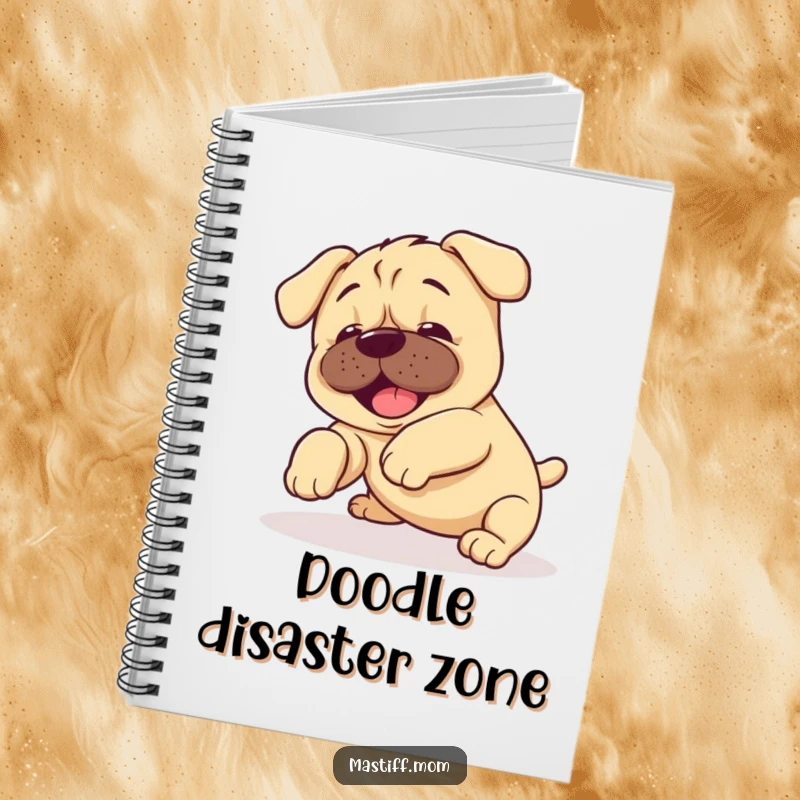 Funny Kawaii Mastiff Puppy Notebook cover featuring a happy puppy in a delightful, clumsy tumble.