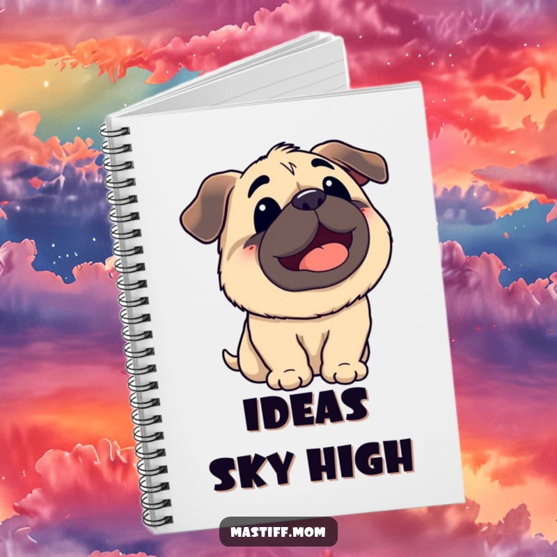 Funny Kawaii Mastiff Panting Looking Up at Sky Notebook, cute stationery, happy dog illustration, humorous journal for Mastiff fans.