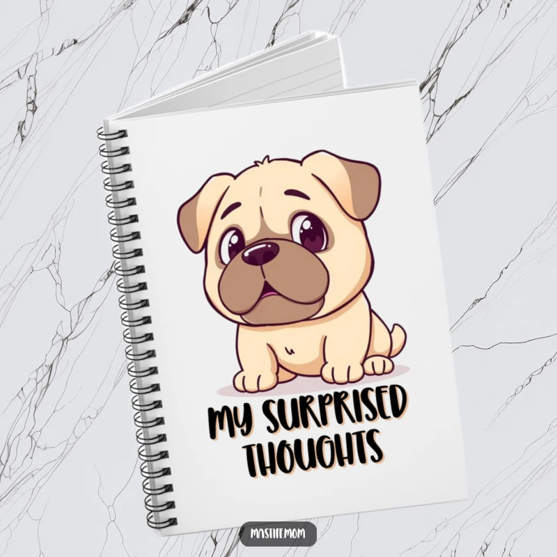 Funny Kawaii Mastiff Notebook, perfect for jotting notes, shows a Mastiff with a surprised expression at its reflection. Humorous and functional stationery.