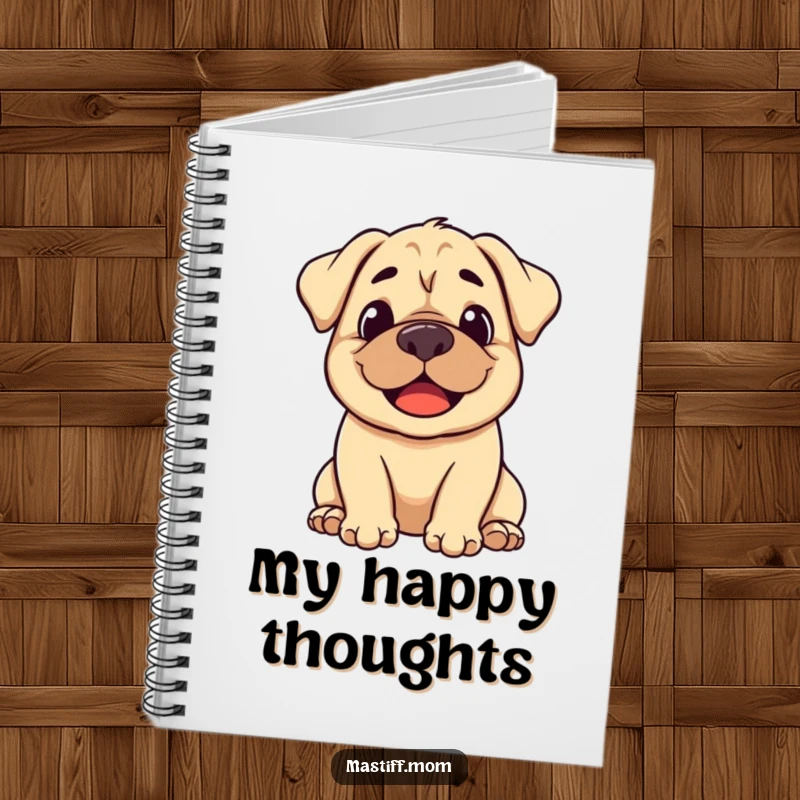 Funny stylized Mastiff notebook with a smiling dog emitting a gentle, happy sigh.