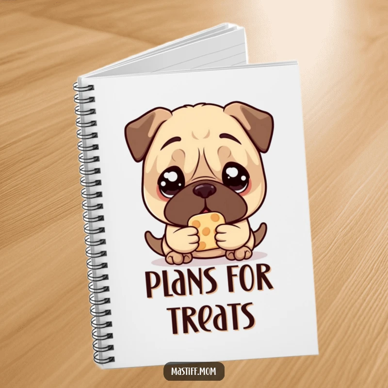 Funny Mastiff Treat Notebook, with a kawaii mastiff with large, pleading eyes, holding one treat on the cover, ideal for writing.