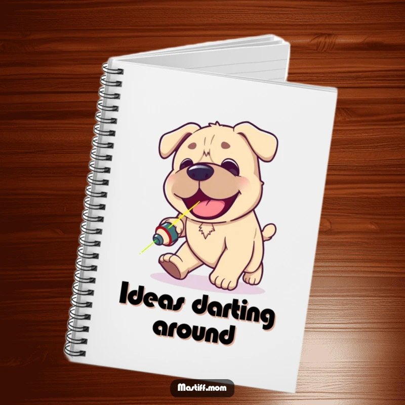 Funny Kawaii Mastiff notebook featuring a happy panting dog adorably chasing a red laser pointer dot, ideal for note-taking.