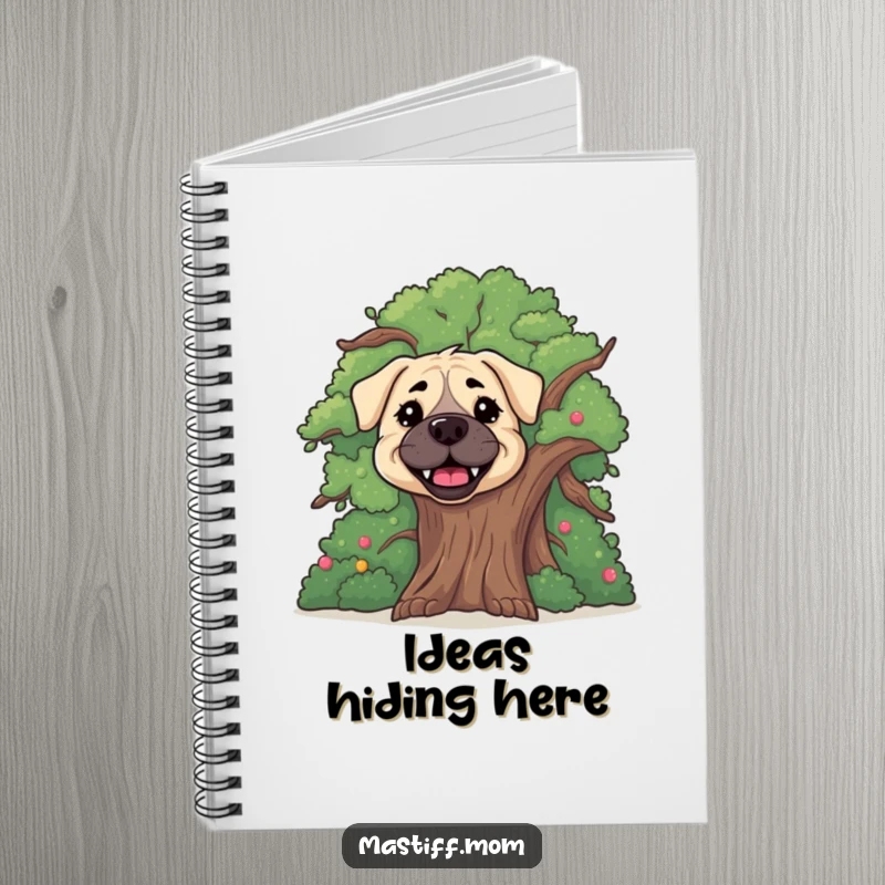 Funny happy Mastiff dog notebook, featuring a cute dog peeking from behind a tree, ideal for notes and creativity.