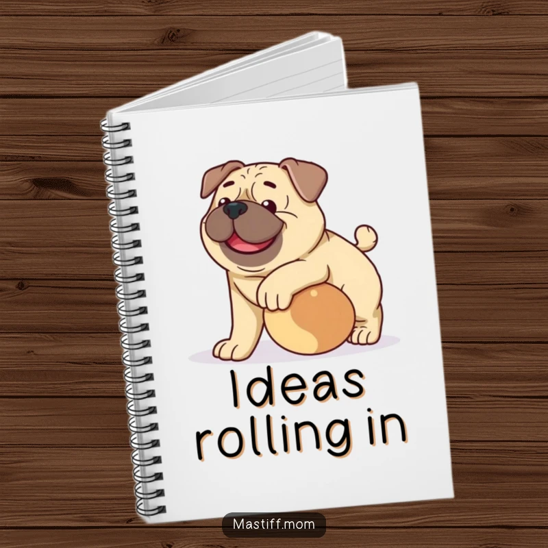 Funny happy Mastiff dog notebook, featuring a gentle dog nudging a ball, ideal for notes and creativity.